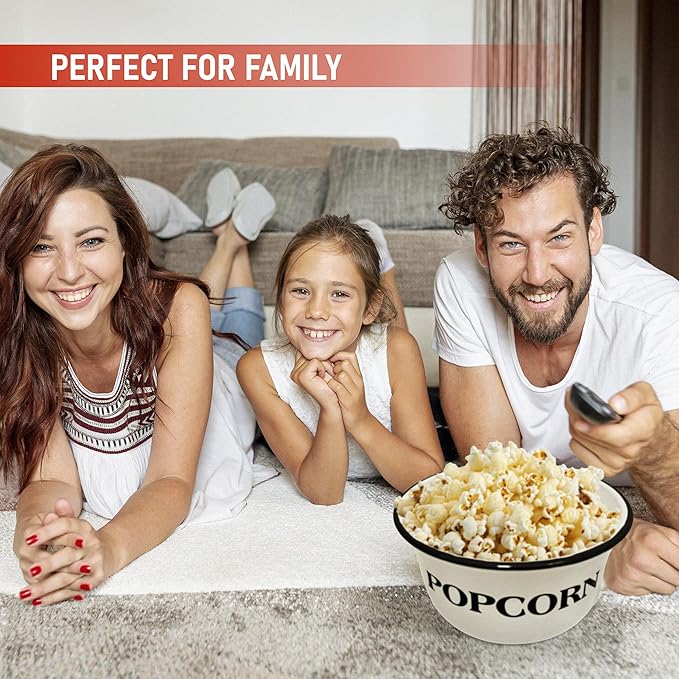 CWI 3.7-Quart Enamelware Popcorn Bowl - Round White Dish with Black Touches for Cinema Nights and Camping - Classic White with Black Rim, Durable (1 bowl)