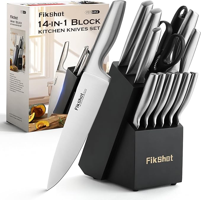 Kitchen Knife Set, Including Knife Block Set and Sharpener - Made of High Carbon Steel, Rust-Resistant, Ergonomic Handle, Suitable for Cooking, Grilling and Gifting