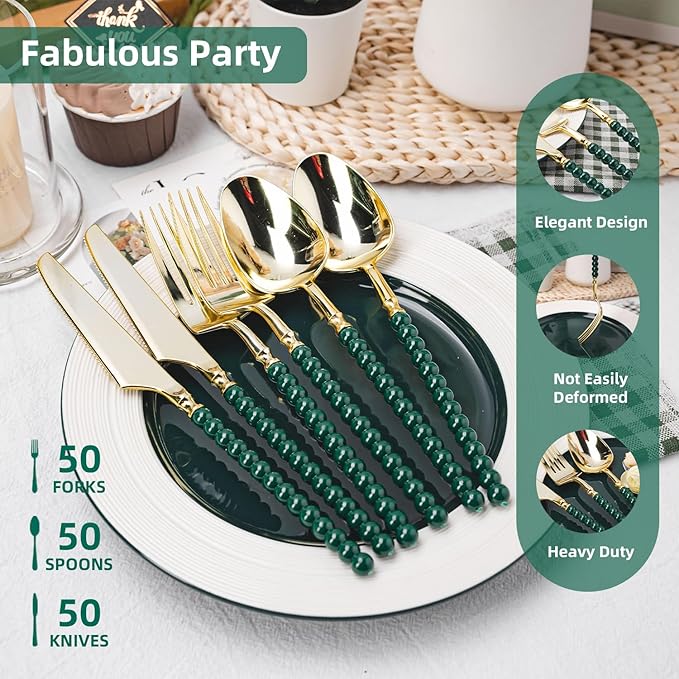 150 Pcs Gold Plastic Silverware,Gold Plastic Utensils with Green Beads Handle,Fancy Disposable Cutlery Set Include 50 Forks 50 Knives 50 Spoons for Party & Christmas