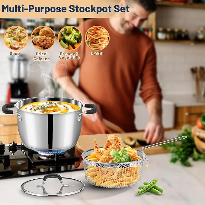 AOSION 6 Quart Stainless Steel Stock Pot with Lid, Deep Fryer Basket for Kitchen Colander Frying Cooking Steaming, 6QT Large Stock Pot for Cooking, Induction Ready, Compatible with All Stoves