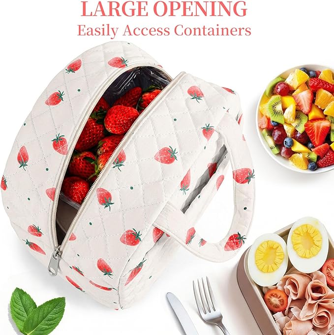 Quilted Lunch Box for Women,Coquette Aesthetic Lunch Box for Teen Girls,Cute Strawberry Lunch Bags for Work, School,Office,Picnic,Travel (Strawberry)