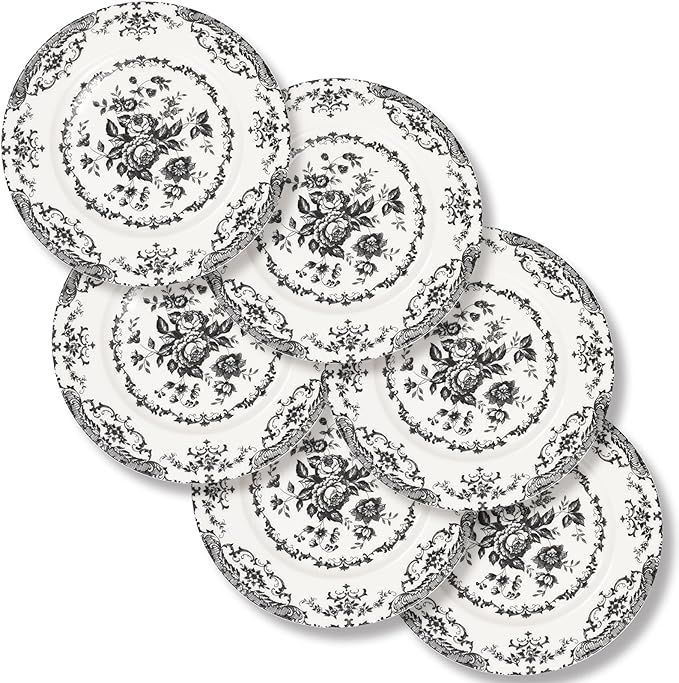 Salad Plates, 8.5 Inch Ceramic Plates Set of 6, Kitchen Plate Microwave Safe, White Porcelain Dessert Plate Porcelain Serving Dishes, Black
