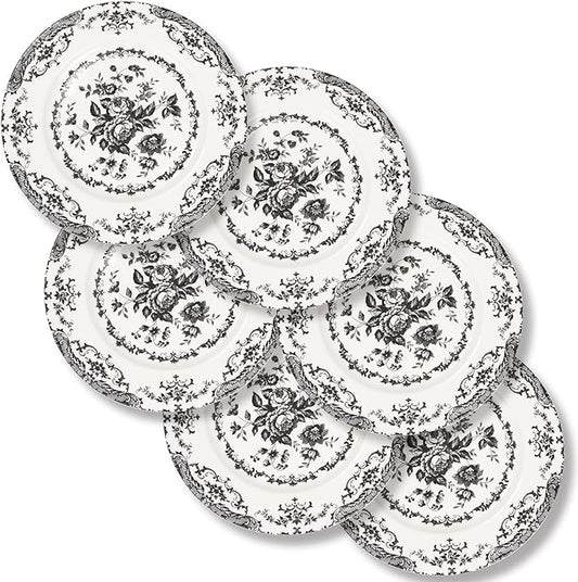 Salad Plates, 8.5 Inch Ceramic Plates Set of 6, Kitchen Plate Microwave Safe, White Porcelain Dessert Plate Porcelain Serving Dishes, Black