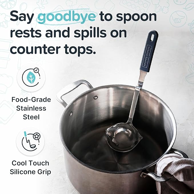 Souper Cubes + Lori Greiner No Mess Stainless Steel Soup Ladle with Silicone Handle - Metal Soup Ladle with No Mess Design That Hooks on Side of Any Pot - Charcoal