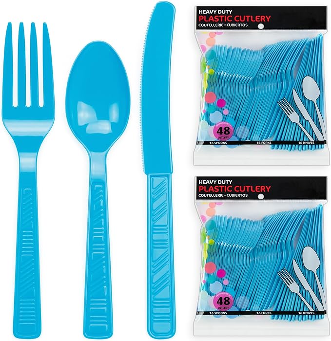 DecorRack Plastic Cutlery Set, Turquoise Colored Plastic Silverware Sets for Parties, 96 Piece Bulk Heavy Duty Utensils (Turquoise, 96 Pieces)