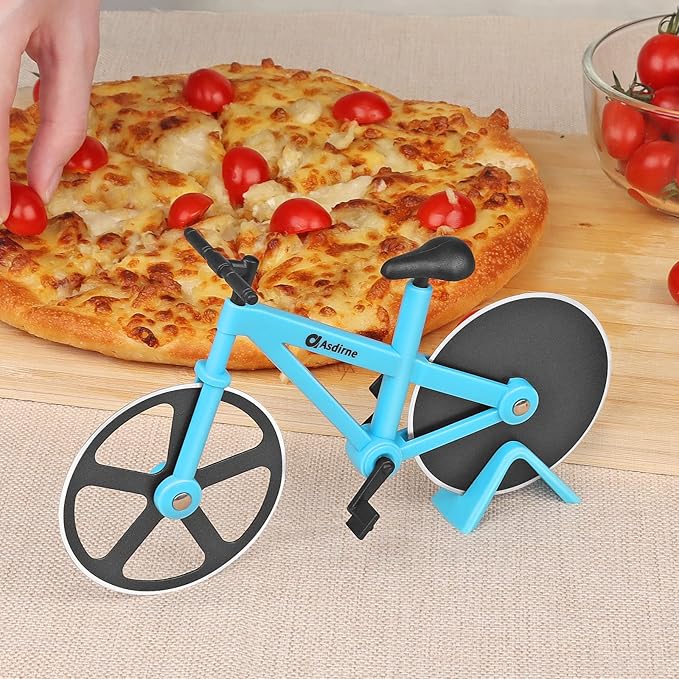 Pizza Cutter, Bicycle Pizza Cutter Wheel with Non-Stick Stainless Steel Super Sharp Blades, Novelty Gift, 7.5", Blue