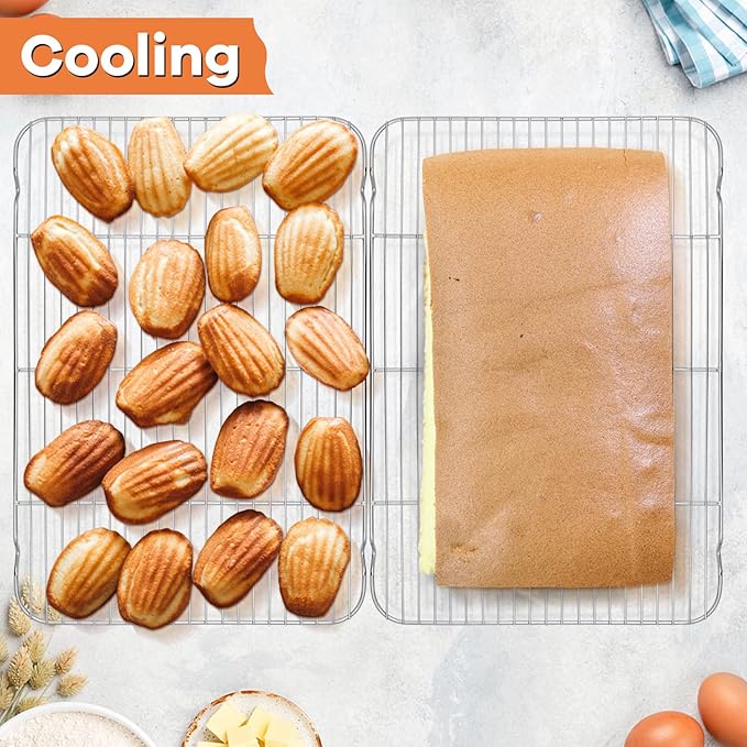 P&P CHEF Cooling Baking Rack Pack of 2, 16.6" x 11.5", Stainless Steel Cooling Racks for Cooking Baking Roasting Grilling Drying, Dense Wires & Smooth Edge, Easy to Clean, Silver