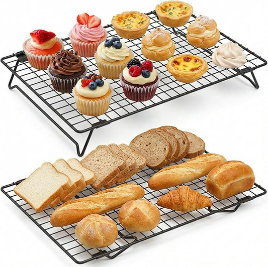 16.85" × 11" Stackable Cupcakes Cooling Racks – 2-Pack Nonstick Carbon Steel Baking Racks with Collapsible Legs, Perfect for Cooking, Roasting, Grilling, Drying & Cooling Cookies