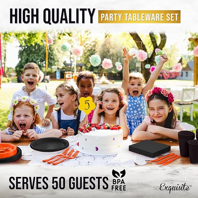 350 Pcs Orange & Black Plastic Plates For Party, Orange & Black Disposable Plates Set, 50 Of Each 9" Dinner Plate Set, 7" Dessert Plate, Cups, Napkins & Cutlery Plastic Dinnerware Set Exquisite