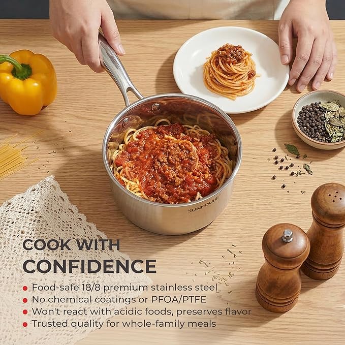 SUNHOUSE 3 Quart Whole-Clad Tri-Ply Stainless Steel Saucepan with Glass Lid, Premium 18/8 Stainless Steel, Even Heat Distribution, Induction Ready, Stay-Cool Handle, Dishwasher Safe