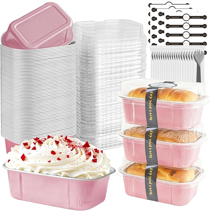 Mini Cake Pans With Lids And Spoons,5.5 oz Rectangle Mini individual Loaf Pans Disposable Aluminum Foil Small Baking Cups Tins (200, Pink)