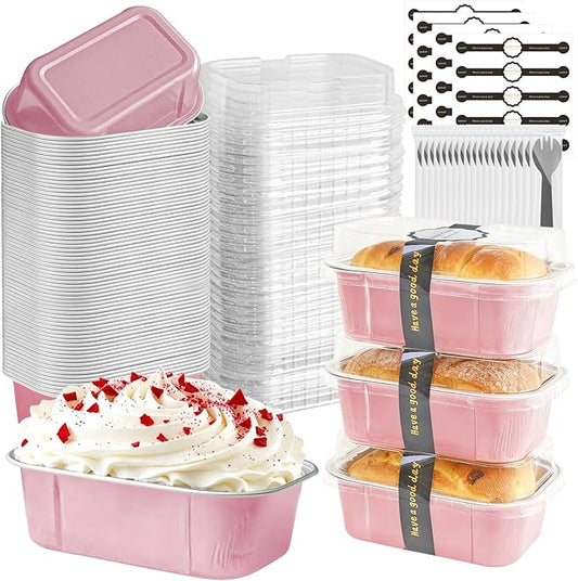 Mini Cake Pans With Lids And Spoons,5.5 oz Rectangle Mini individual Loaf Pans Disposable Aluminum Foil Small Baking Cups Tins (200, Pink)