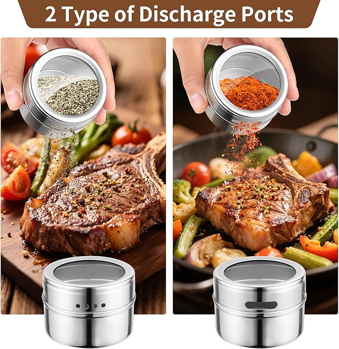 12pcs Stainless Steel Spice Jars, Magnetic Condiment Tins Magnetic Spice Jar With Clear Lid And Holes Sift&Pour - Easy To Clean
