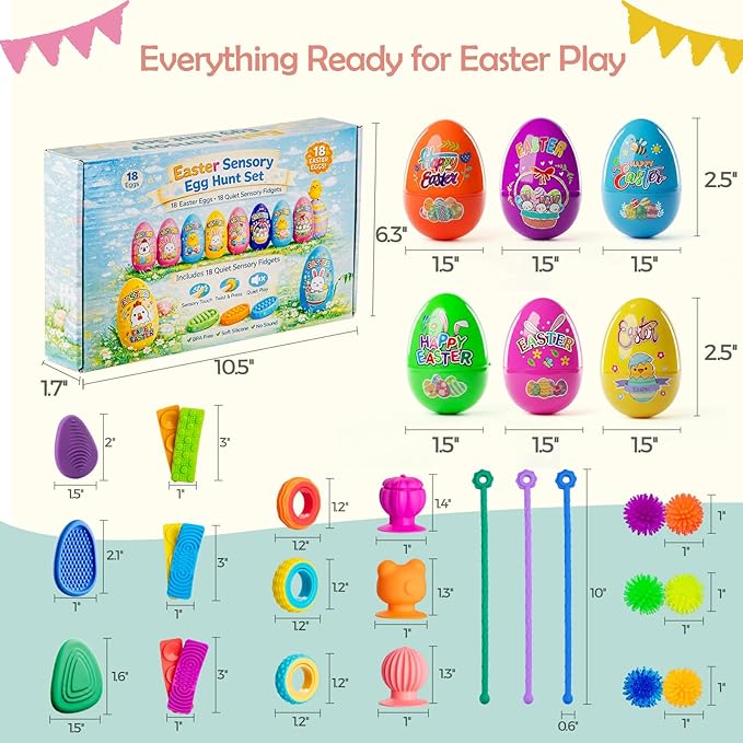 Easter Basket Stuffers, Prefilled Easter Eggs with Quiet Sensory Fidgets, Textured Stone & Suction Toys & Spinner Ring for Kids Calming, Autism Anxiety Tools Classroom Prizes (18 PCS)