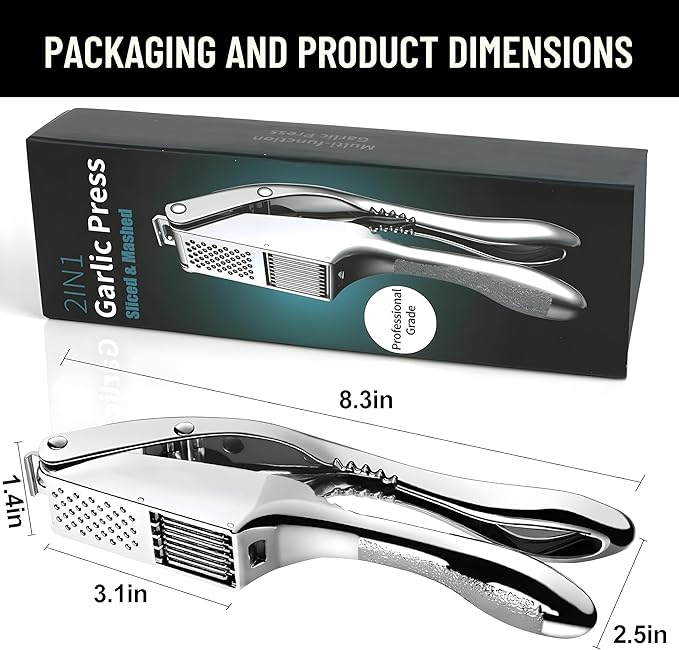 3 in1 Garlic Press Stainless Steel – Heavy Duty Garlic Crusher & Mincer with Cleaning Tool, Ergonomic Easy Squeeze Handle, Rust-Proof Dishwasher Safe Garlic Mincer for Kitchen