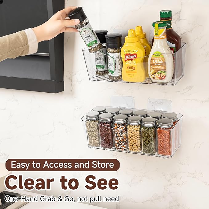 4-Pack Large Cabinet Door Organizer, 11.4" Wall Mounted Pantry Organizers and Storage, Space Saving, Drain Bottom, Adhesive Clear Plastic Storage Bins for Kitchen, Refrigerator, Countertop, Under Sink