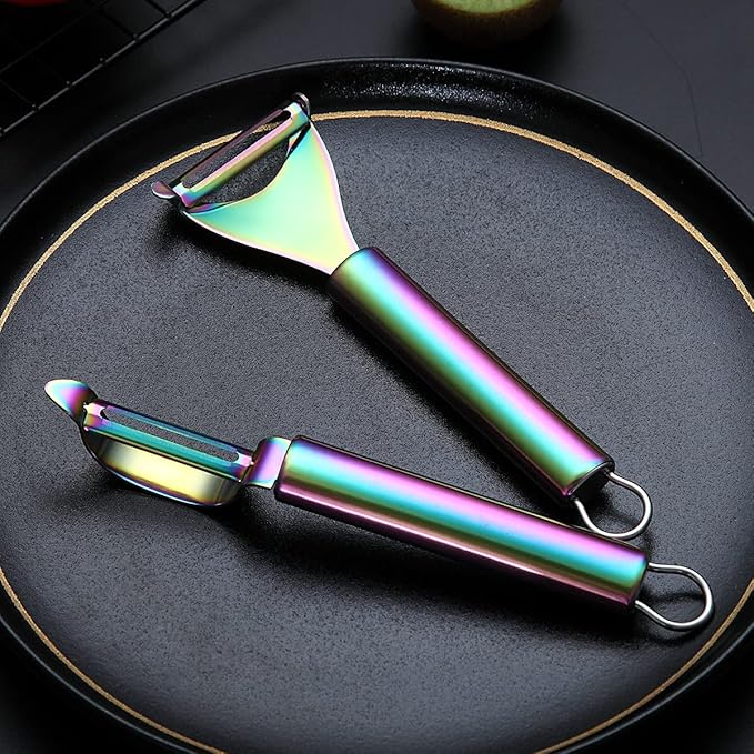 Rainbow Potato Vegetable And Fruit Peelers For Kitchen, Kyraton Titanium Colorful Plating Stainless Steel Peelers, Sharp Blade And Ergonomic Non Slip Easy To Grip Set Of 2