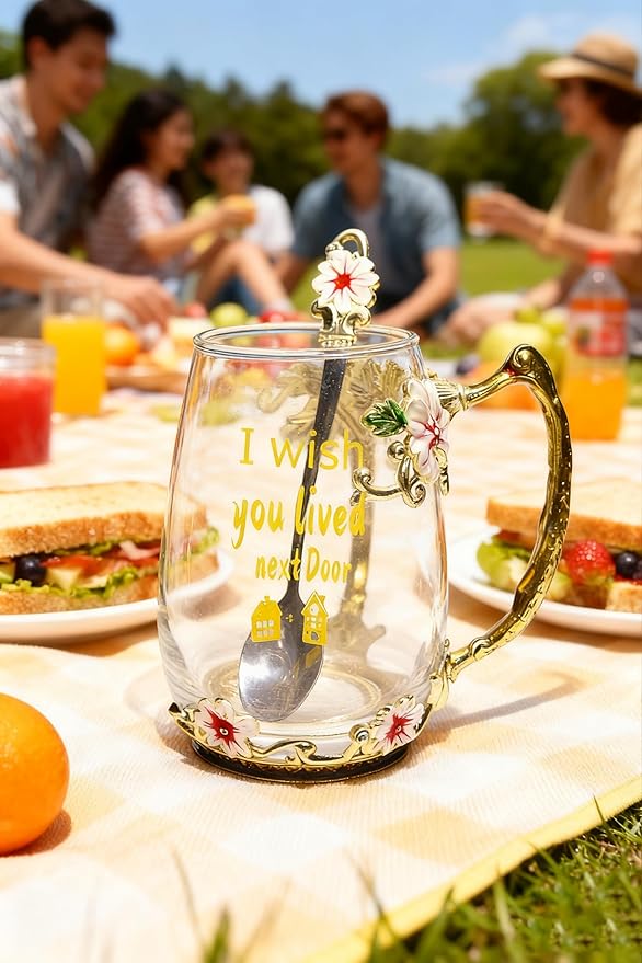 Unique Printing Glass Cup Flower Design Tea Cup Coffee Cup Ideal Christmas Gift for Friends Colleague BFF Her Women Neighbor (Neighbor)