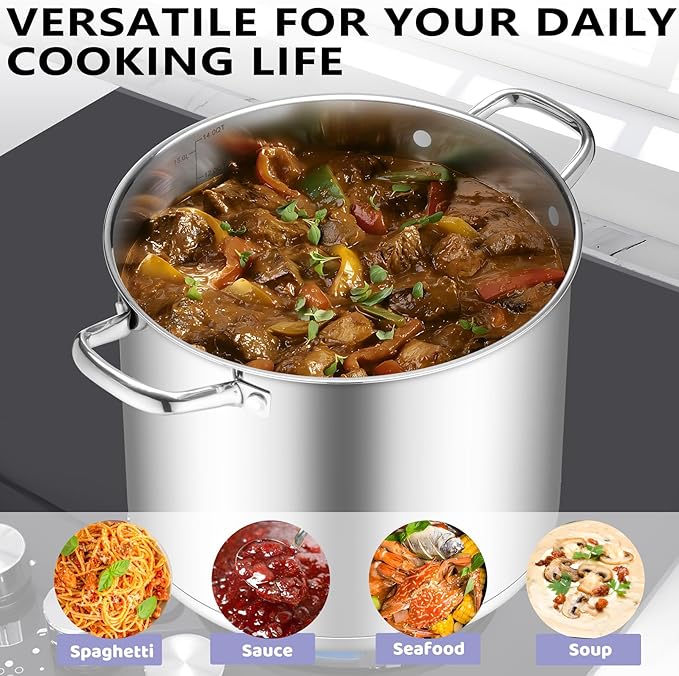 TeamFar Stainless Steel Stock Pot, 14QT Tri-ply Bottom Stockpot Large Cooking Soup Pot with Lid, for Induction Gas Electric Glass Tops, Non Toxic & Sturdy, Straight Sidewall & Various Stovetops Safe