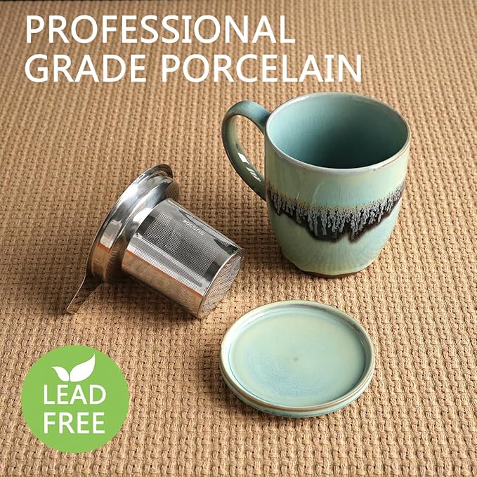 Bosmarlin Ceramic Tea Cup with Infuser and Lid, 16 Oz, 3 Colors to Choose, Microwave and Dishwasher Safe, Steeping Tea Mug with Strainer, Reactive Glaze (16 Oz, Turquoise Green Light)