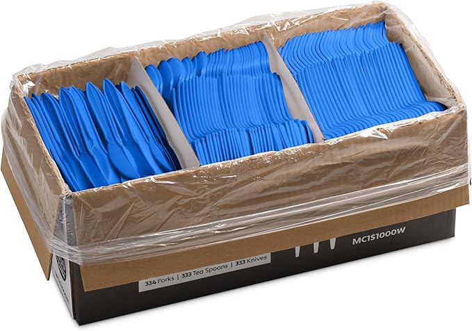 1000 Count Blue Silverware Set, 334 Plastic Forks, 333 Spoons, 333 Knives, Medium Weight BPA Free Disposable Cutlery Set, Bulk Combo Pack Flatware Set for Party Supplies