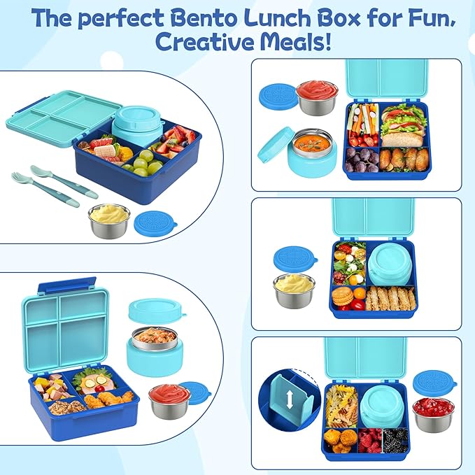 Kids Bento Lunch Box with 8oz Soup Thermo, Kids Leakproof Lunch Food Containers with 4 Compartment,Insulated Hot Food Jar with Lunch Bag for School, Travel (Blue)