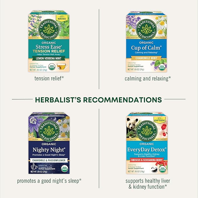 Traditional Medicinals Organic, Stress Ease Calm with Adaptogens, Ashwagandha & Honeybush - Promotes Relaxation - Kosher, Non-GMO, Caffeine-Free, Compostable - 16 Tea Bags (Pack of 2)