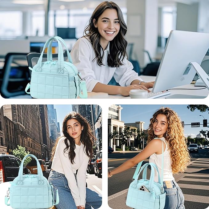 LEDAOU Lunch Box for Women Lunch Bag Quilted Puffer Lunch Box with Adjustable Strap Insulated Reusable LunchBox for Work School Picnic Travel (Sky Blue)