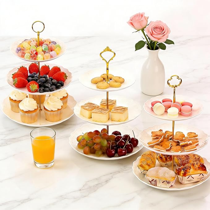 Tosnail 3 Pack 3 Tiers White Plastic Cupcake Stand Dessert Holder Tiered Serving Trays with 3 Styles Fittings, Party Serving Trays Fruit Pastry Holders for Wedding and Party