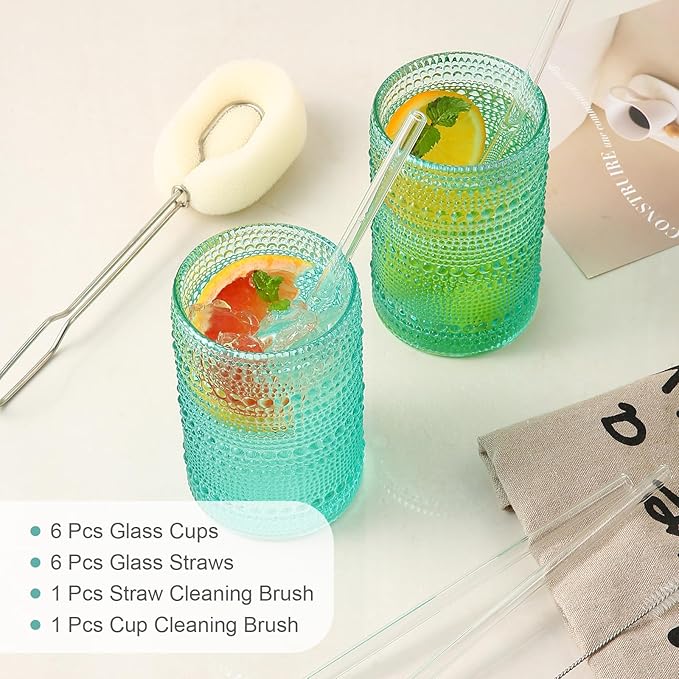 Vintage Glassware Drinking Glasses Set of 6,15 oz Hobnail Glass Cups,Embossed Lake Blue Water Tumbler,for Beer,Cocktail,Whiskey,Juice and Various Mixed Drinks- 1 Cleaning Brush