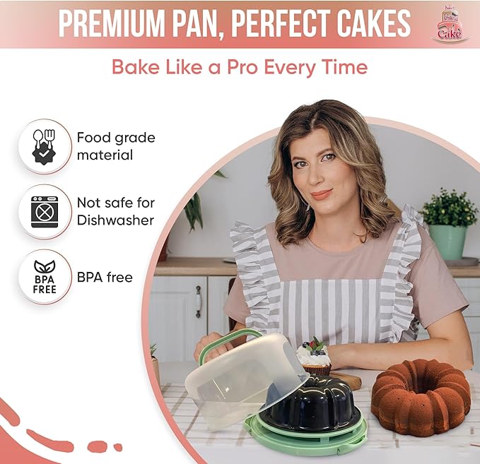 10 inch Buntz Cake Pan Non stick with 12in Cake Carrier for Easy Transportation - Premium Fluted Cake Pans For Oven, Cake Mold, Moldes para Gelatinas