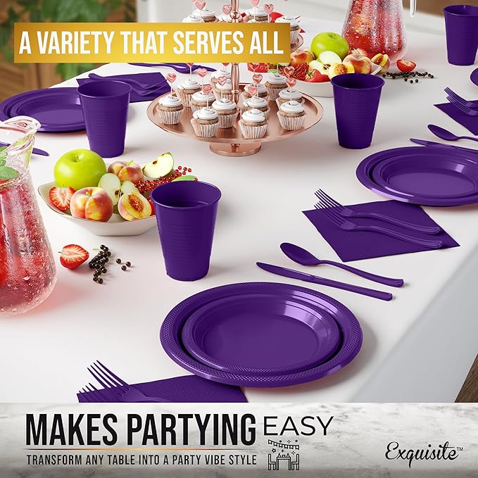 350 Pcs Purple Plastic Plates For Party, Purple Disposable Plates Set, 50 Of Each 9" Dinner Plate Set, 7" Dessert Plate, Cups, Napkins & Cutlery Plastic Dinnerware Set Exquisite