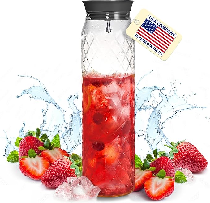 Glass Pitcher - 1.2 Liters / 41 oz, Borosilicate Glass - Water Carafe with Lid - for Hot/Cold Beverages - Milk Jug - Iced Tea Pitcher - Juice Server - by PJC-Kitchen