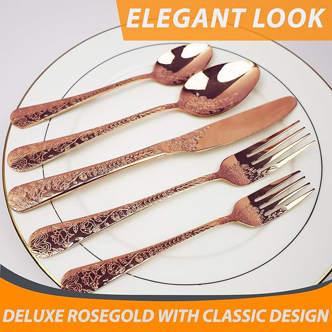 Runfly Vintage Carved Floral Rose Gold/Copper Silverware Set for 4, Stainless Steel 20-Piece Flatware Set with Knife/Fork/Spoon, Cutlery Set for Home and Kitchen, Modern Utensil Set