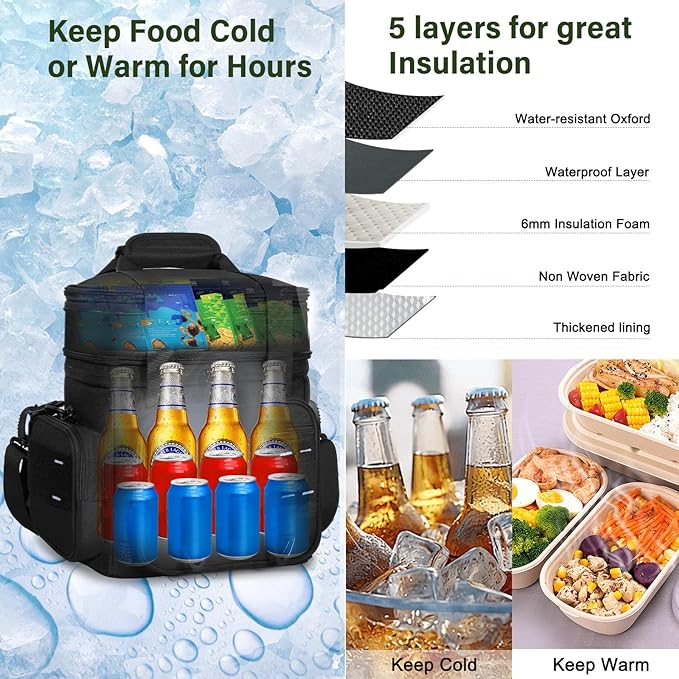 Expandable Tactical Lunch Box, Large Insulated Lunch Cooler Bag Heavy Duty Leakproof Lunch Pail for Men Adults Work Office Outdoor Picnic Trips,16L,Black