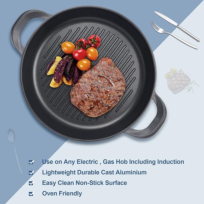 Vinchef Nonstick Grill Pan for Stove tops | 13.0" Skillet, Indoor Induction Cast-aluminum Grill Pan with Lid and Anti-Scalding Tools, GRANITEC Nonstick Coating, Dishwasher & Oven Safe