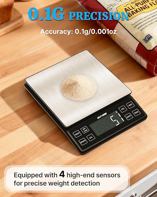 NEXT-SHINE Food Kitchen Scale 11lb, 0.1g/0.01oz Precise Graduation Rechargeable Digital Scale with Nine Units Large Tray Stainless Steel Platform LCD Display for Meal Prep Cooking Baking