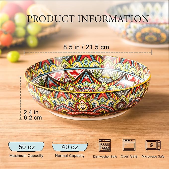 Henten Home Porcelain Pasta Bowls Set of 2, Ceramic 50 oz Soup Bowl, Colorful Large Salad Bowls, Bohemia Style Serving Bowls Set for Noodles, Microwave & Dishwasher Safe (Set A)