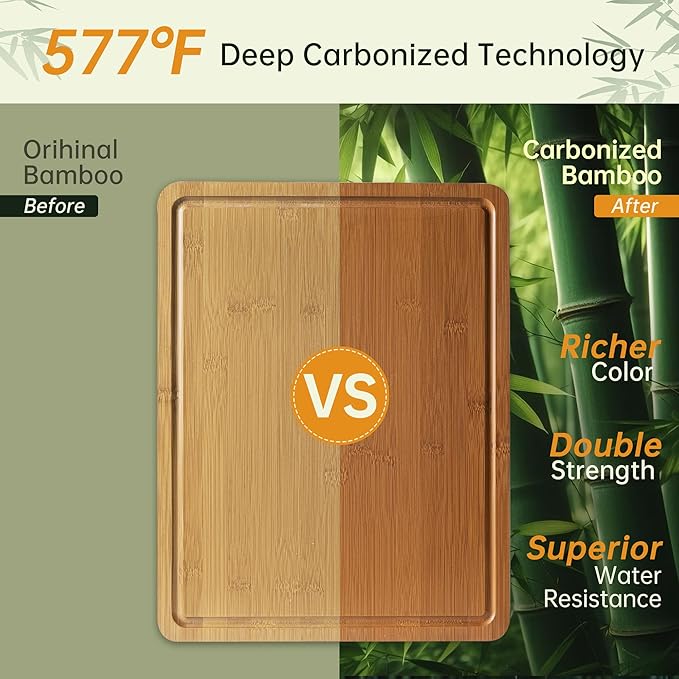 Carbonized Bamboo Cutting Boards for Kitchen, 1"Thickened Cutting Board with Juice Groove, Large Butcher Block with Handle, Wood Charcuterie Chopping Board for Prep & Serving Tray, 17" x 13"