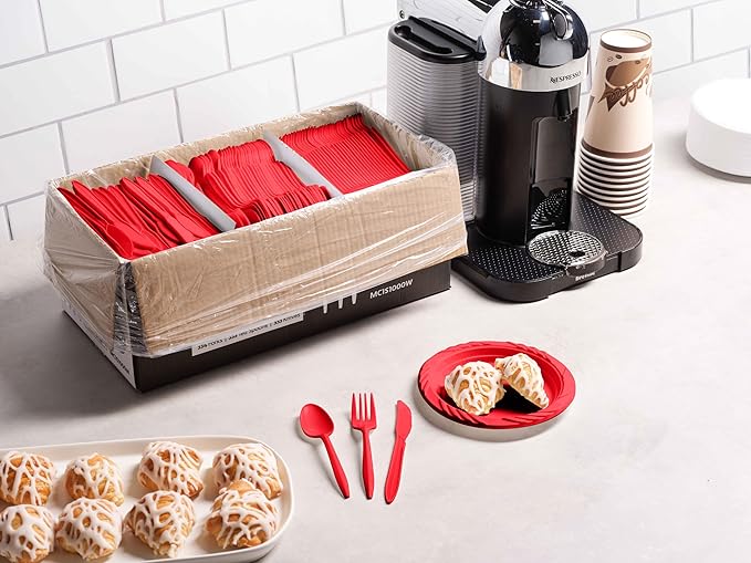 1000 Count Red Silverware Set, 334 Forks, 333 Spoons, 333 Knives, Medium Weight BPA Free Disposable Plastic Cutlery Set, Bulk Combo Pack Flatware Set for Party Supplies