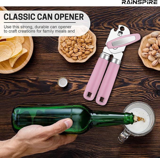 Rainspire Can Opener Manual Handheld Strong Manual Can Opener Smooth Edge Cut, Can Opener Heavy Duty, Comfortable Soft Handle, Built-in Bottle Opener, Pink
