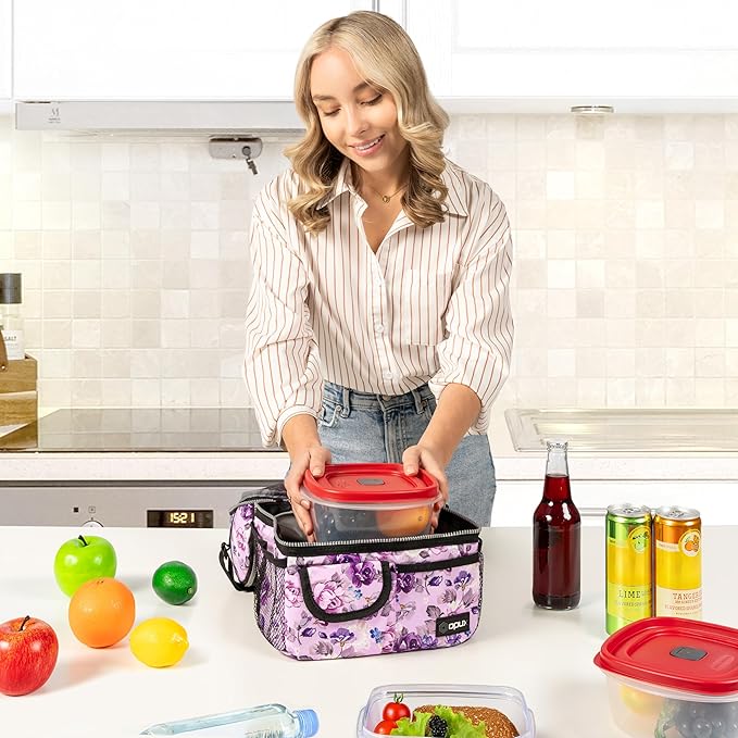 opux Lunch Bag Women Insulated, Adult Lunch Box Cooler, Flower Lunch Box, Dual Compartment Lunchbox for Work, Leakproof Double Decker Lunch Bag, Soft Lunch Pail Tote Girls Kids School, Floral Purple
