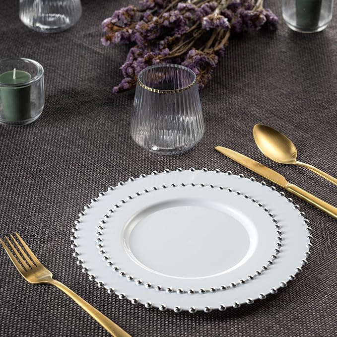 PLASTICPRO 32 Piece Combo Plastic Dinner Plates Disposable Plastic Fancy Heavy Duty Party Dishes 7 inch and 10 inch, White and Silver Beaded