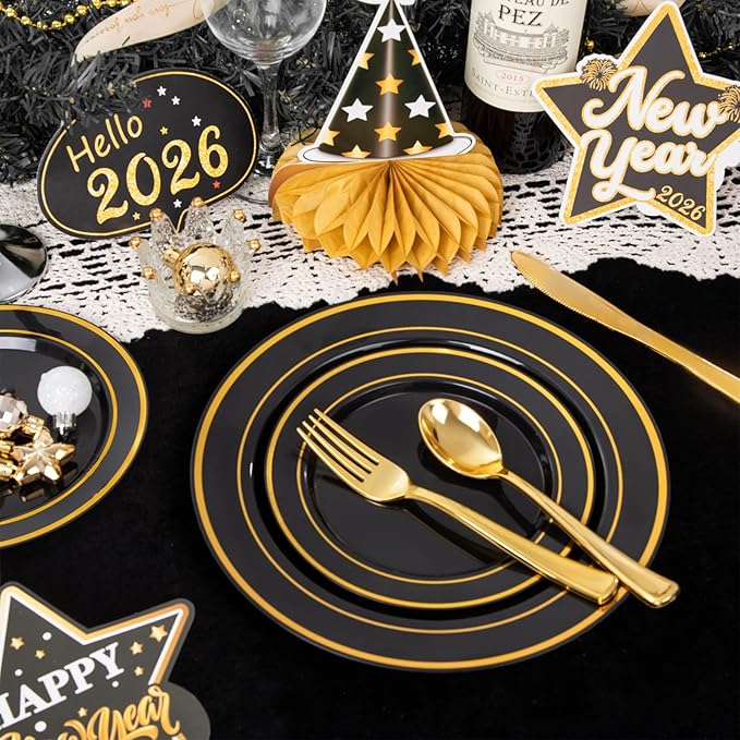 WDF 200PCS Black and Gold Plastic Plates - Black Plates Disposable for Party - Heavy Duty Plastic Plate for Graduation Wedding Party Birthday