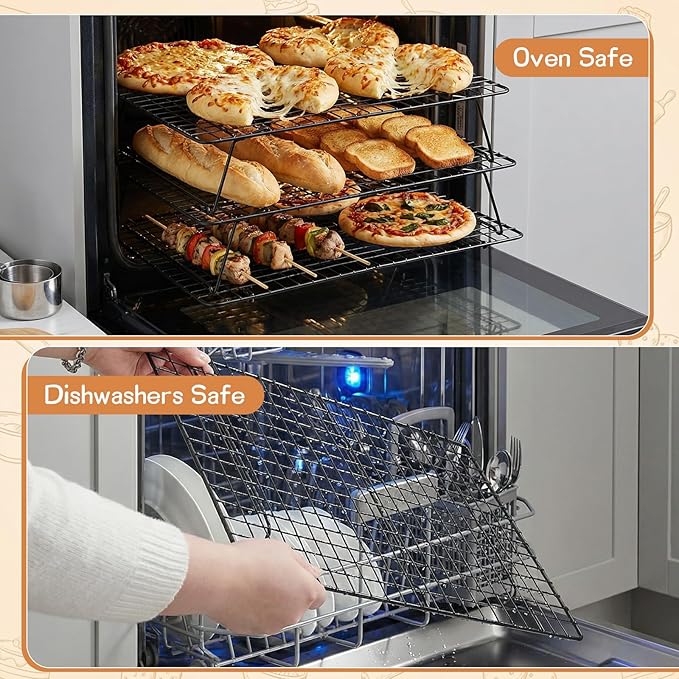 3-Tier Stackable Cooling Rack, 16.5 x 12 Inch Wire Racks, Detachable Cooling Racks with Legs, Carbon Steel Baking Rack, for Baking Cooking Grilling, Oven and Dishwasher Safe