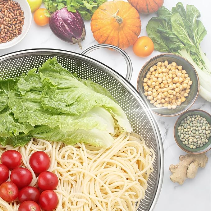 Stainless Steel Colander and Strainer Set(5-Quart and 3-Quart)，Metal Strainers with Base, Strainer for Kitchen Food, Dishwasher Safe
