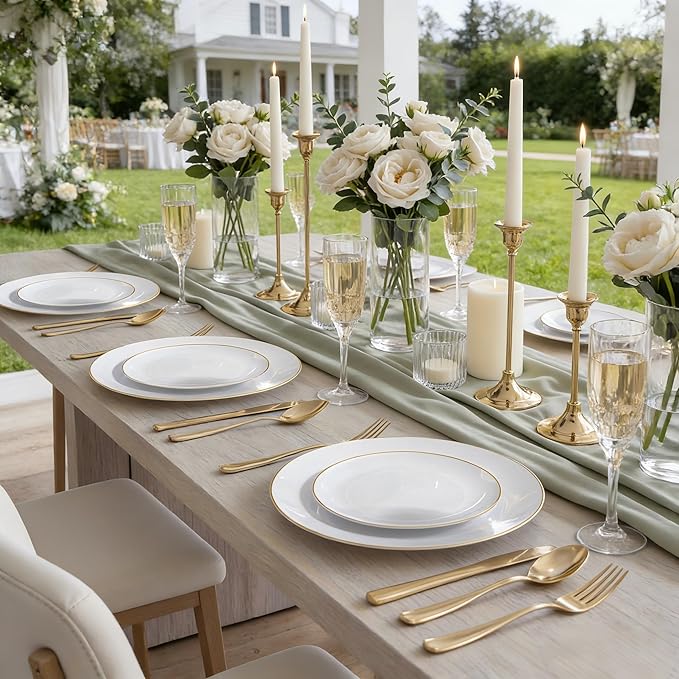 KIRE 200PCS Gold Plastic Plates - Disposable Plates for Party - White Plastic Plates with Gold Rim Include 100 for Dinner and 100 for Dessert/Salad in Wedding/Party/Spring/Ramadan