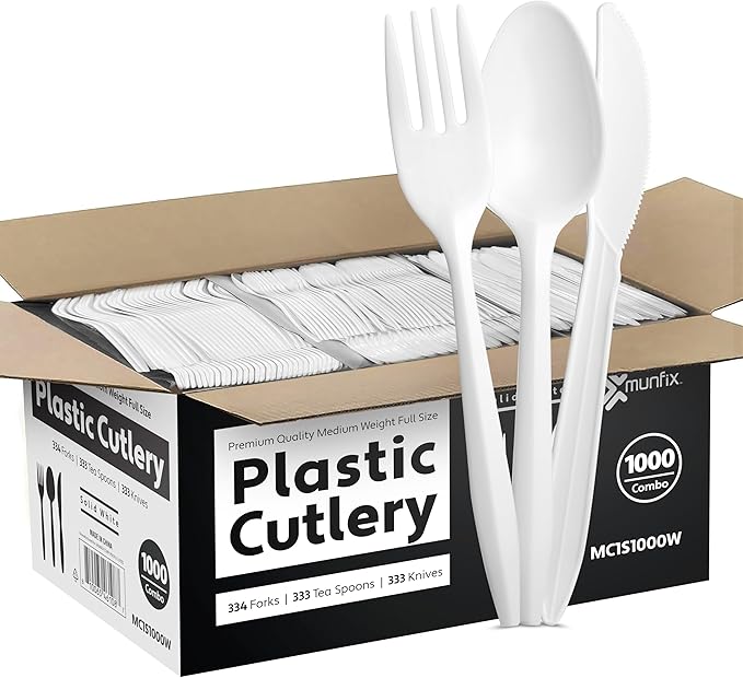 1000 Count White Silverware Set, 334 Plastic Forks, 333 Spoons, 333 Knives, Medium Weight BPA Free Disposable Plastic Cutlery Set, Bulk Combo Pack Flatware Set for Party Supplies