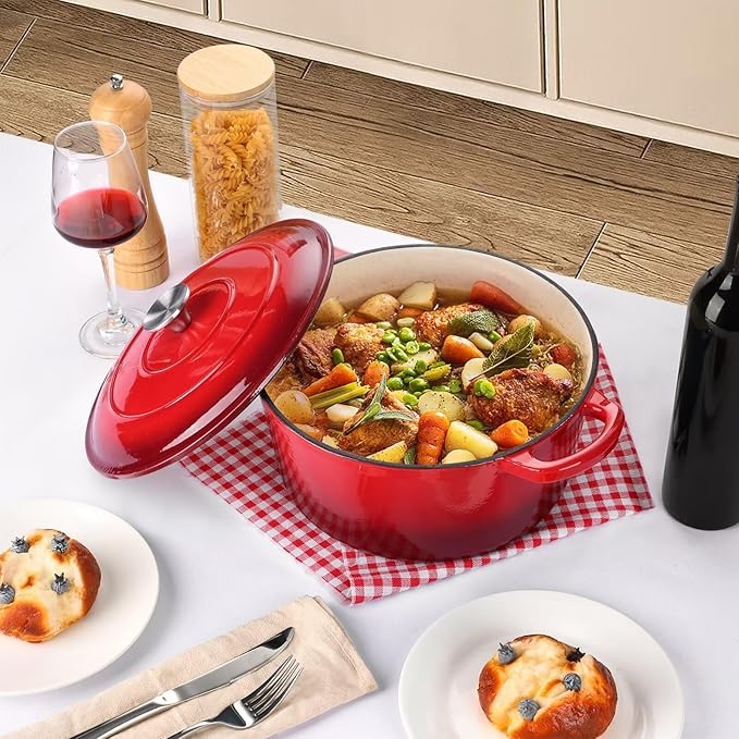 P&P CHEF 6QT Enameled Dutch Oven, Cast Iron Dutch Oven Pot with Lid for Bread Baking, Enameled Casserole Pot for Roasting Braising Stewing Frying Simmering, Various Stoves & Easy Clean, Red