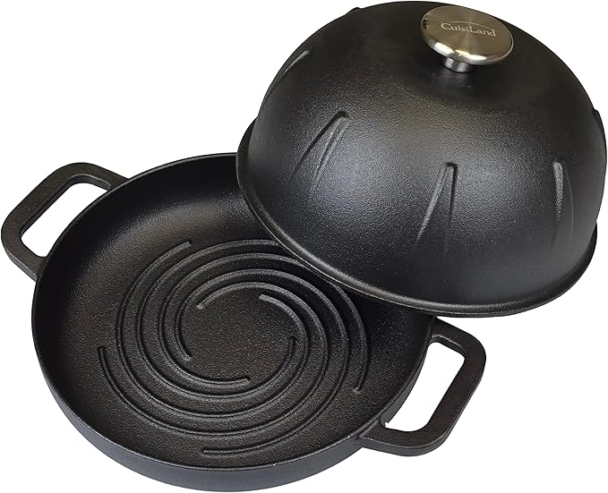 Cuisiland Pre-seasoned Heavy Duty Cast Iron Bread Cloche – Dome Lid Dutch Oven for Artisan Sourdough Baking – Heat-Retaining, Bakeware for Crispy Crust & Even Baking – Oven Safe (Black)